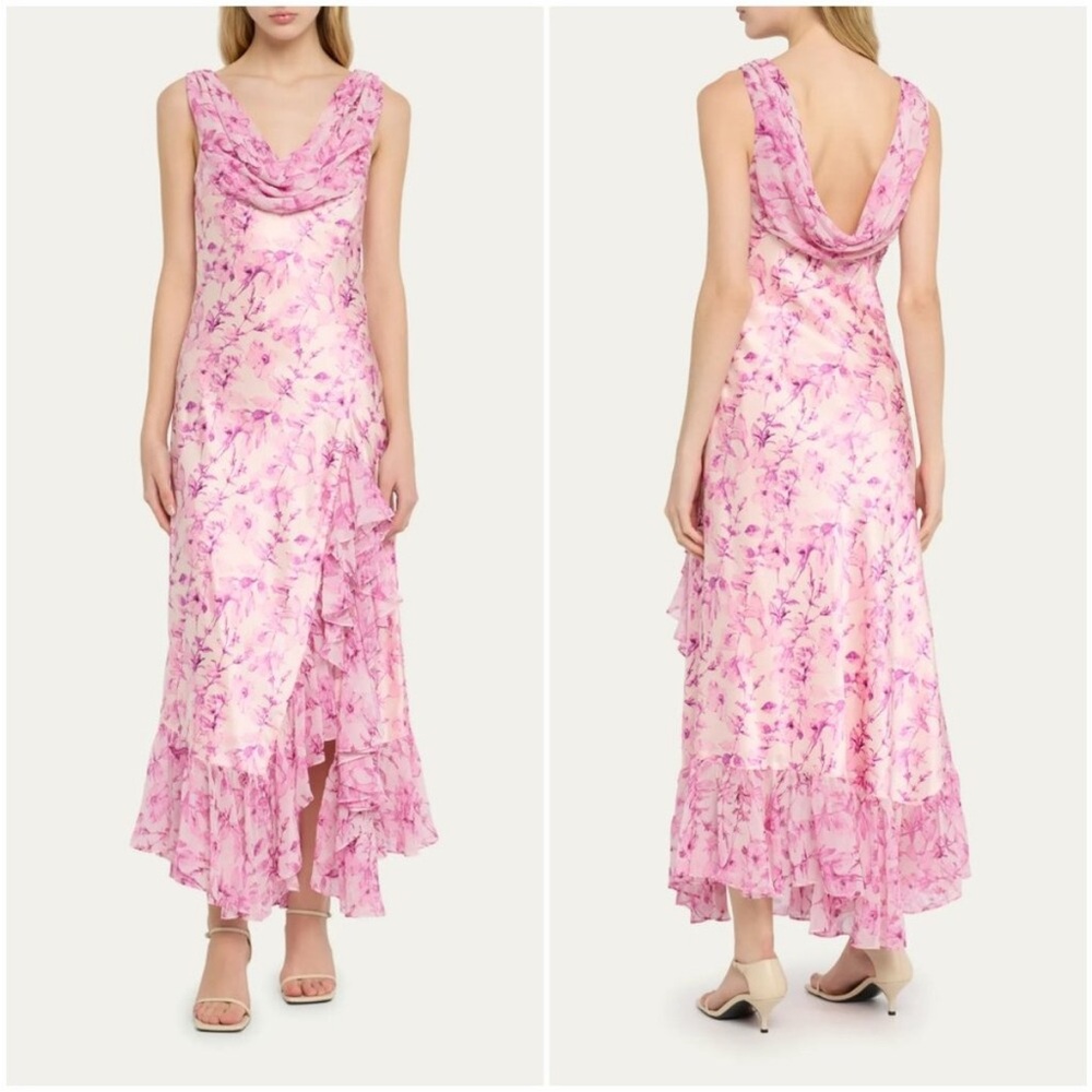 cinq a sept Pink Floral Cowl-Back Ruffle Maxi Dress
